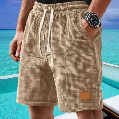 New OUKU Men's Waffle Shorts Shorts Summer Shorts Casual Shorts Pocket Drawstring Elastic Waist Plain Comfort Breathable Short Outdoor Vacation Sport Casual Black White Micro-elastic