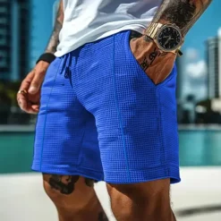 Hot OUKU Men's Waffle Shorts Shorts Summer Shorts Casual Shorts Pocket Drawstring Elastic Waist Plain Comfort Breathable Short Outdoor Vacation Sport Casual Black White Micro-elastic