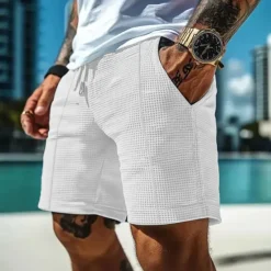 Hot OUKU Men's Waffle Shorts Shorts Summer Shorts Casual Shorts Pocket Drawstring Elastic Waist Plain Comfort Breathable Short Outdoor Vacation Sport Casual Black White Micro-elastic