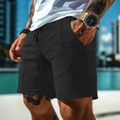 Hot OUKU Men's Waffle Shorts Shorts Summer Shorts Casual Shorts Pocket Drawstring Elastic Waist Plain Comfort Breathable Short Outdoor Vacation Sport Casual Black White Micro-elastic