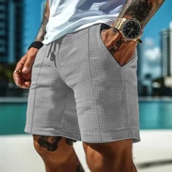 Hot OUKU Men's Waffle Shorts Shorts Summer Shorts Casual Shorts Pocket Drawstring Elastic Waist Plain Comfort Breathable Short Outdoor Vacation Sport Casual Black White Micro-elastic