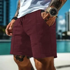 Hot OUKU Men's Waffle Shorts Shorts Summer Shorts Casual Shorts Pocket Drawstring Elastic Waist Plain Comfort Breathable Short Outdoor Vacation Sport Casual Black White Micro-elastic