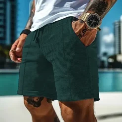 Hot OUKU Men's Waffle Shorts Shorts Summer Shorts Casual Shorts Pocket Drawstring Elastic Waist Plain Comfort Breathable Short Outdoor Vacation Sport Casual Black White Micro-elastic