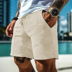 Hot OUKU Men's Waffle Shorts Shorts Summer Shorts Casual Shorts Pocket Drawstring Elastic Waist Plain Comfort Breathable Short Outdoor Vacation Sport Casual Black White Micro-elastic