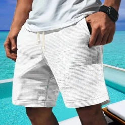 Discount OUKU Men's Waffle Shorts Shorts Summer Shorts Casual Shorts Pocket Elastic Waist Drawstring Plain Comfort Breathable Short Outdoor Vacation Sport Casual White Blue