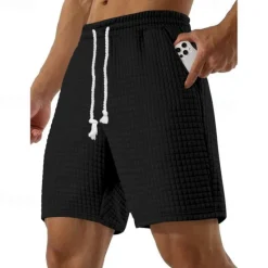 New OUKU Men's Waffle Shorts Sweat Shorts Shorts Summer Shorts Pocket Drawstring Elastic Waist Plain Comfort Short Sports Outdoor Daily Going out Fashion Casual Black White Micro-elastic