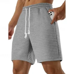 New OUKU Men's Waffle Shorts Sweat Shorts Shorts Summer Shorts Pocket Drawstring Elastic Waist Plain Comfort Short Sports Outdoor Daily Going out Fashion Casual Black White Micro-elastic