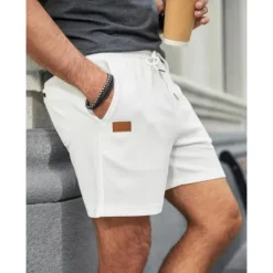 Online OUKU Men's Waffle Shorts Sweat Shorts Shorts Bermuda shorts Drawstring Elastic Waist Plain Comfort Breathable Short Outdoor Daily Running Sports Fashion Black White Micro-elastic