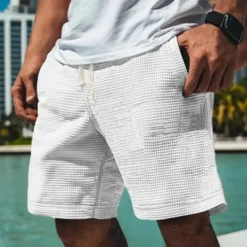 Online OUKU Men's Waffle Shorts Sweat Shorts Shorts Bermuda shorts Beach Shorts Elastic Waist Drawstring Plain Comfort Sports Knee Length Outdoor Daily Vacation Classic Style White Blue Micro-elastic