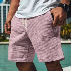 Online OUKU Men's Waffle Shorts Sweat Shorts Shorts Bermuda shorts Beach Shorts Elastic Waist Drawstring Plain Comfort Sports Knee Length Outdoor Daily Vacation Classic Style White Blue Micro-elastic
