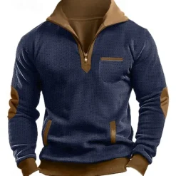 Clearance OUKU Men's Waffle Sweatshirt Waffle Hoodies Zip Up Sweatshirt Pullover Black Navy Blue Standing Collar Plain Pocket Work Sports & Outdoor Casual Active Vintage Cool Spring Fall Clothing Apparel Hoodies
