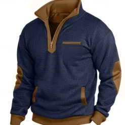 Discount OUKU Men's Waffle Sweatshirt Zip Up Sweatshirt Pullover Black Navy Blue Half Zip Plain Pocket Work Sports & Outdoor Casual Polyester Active Vintage Cool Spring Fall Clothing Apparel Hoodies Sweatshirts
