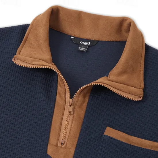 Discount OUKU Men's Waffle Sweatshirt Zip Up Sweatshirt Pullover Black Navy Blue Half Zip Plain Pocket Work Sports & Outdoor Casual Polyester Active Vintage Cool Spring Fall Clothing Apparel Hoodies Sweatshirts