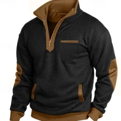 Discount OUKU Men's Waffle Sweatshirt Zip Up Sweatshirt Pullover Black Navy Blue Half Zip Plain Pocket Work Sports & Outdoor Casual Polyester Active Vintage Cool Spring Fall Clothing Apparel Hoodies Sweatshirts