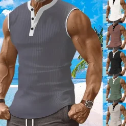 Discount OUKU Men's Waffle Tank Top Henley Shirt Vest Top Sleeveless Shirt Sleeveless Henley Summer Plain Fashion Designer Muscle Buttons Outdoor Gym Black White Dark Red Top Tee for Men