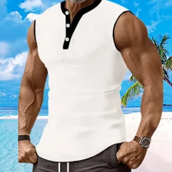 Discount OUKU Men's Waffle Tank Top Henley Shirt Vest Top Sleeveless Shirt Sleeveless Henley Summer Plain Fashion Designer Muscle Buttons Outdoor Gym Black White Dark Red Top Tee for Men