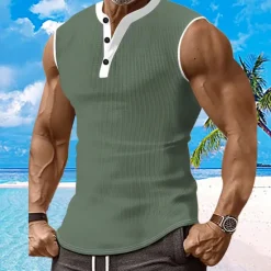 Discount OUKU Men's Waffle Tank Top Henley Shirt Vest Top Sleeveless Shirt Sleeveless Henley Summer Plain Fashion Designer Muscle Buttons Outdoor Gym Black White Dark Red Top Tee for Men
