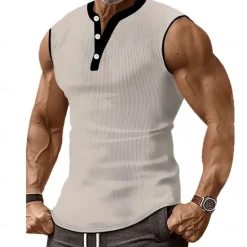 Discount OUKU Men's Waffle Tank Top Henley Shirt Vest Top Sleeveless Shirt Sleeveless Henley Summer Plain Fashion Designer Muscle Buttons Outdoor Gym Black White Dark Red Top Tee for Men