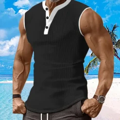 Discount OUKU Men's Waffle Tank Top Henley Shirt Vest Top Sleeveless Shirt Sleeveless Henley Summer Plain Fashion Designer Muscle Buttons Outdoor Gym Black White Dark Red Top Tee for Men