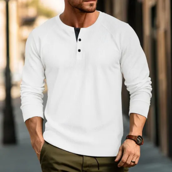 Sale OUKU Men's Waffle Tee Button T Shirt T Shirt Henley Shirt Long Sleeve Henley Spring & Fall Plain Raglan Sleeve Fashion Designer Basic Vacation Street Going out Black White Wine Top Tee for Men