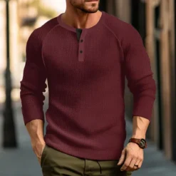 Sale OUKU Men's Waffle Tee Button T Shirt T Shirt Henley Shirt Long Sleeve Henley Spring & Fall Plain Raglan Sleeve Fashion Designer Basic Vacation Street Going out Black White Wine Top Tee for Men