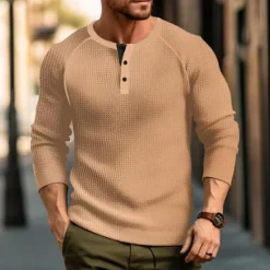 Sale OUKU Men's Waffle Tee Button T Shirt T Shirt Henley Shirt Long Sleeve Henley Spring & Fall Plain Raglan Sleeve Fashion Designer Basic Vacation Street Going out Black White Wine Top Tee for Men