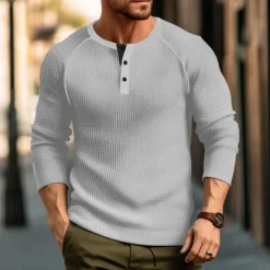 Sale OUKU Men's Waffle Tee Button T Shirt T Shirt Henley Shirt Long Sleeve Henley Spring & Fall Plain Raglan Sleeve Fashion Designer Basic Vacation Street Going out Black White Wine Top Tee for Men