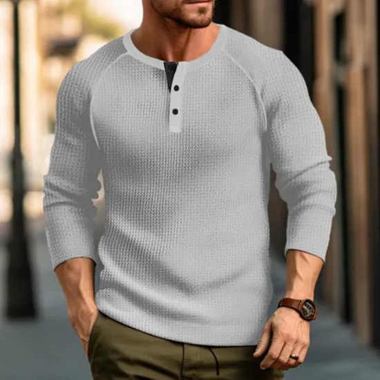 Sale OUKU Men's Waffle Tee Button T Shirt T Shirt Henley Shirt Long Sleeve Henley Spring & Fall Plain Raglan Sleeve Fashion Designer Basic Vacation Street Going out Black White Wine Top Tee for Men