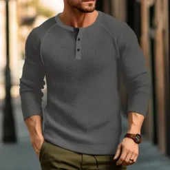 Sale OUKU Men's Waffle Tee Button T Shirt T Shirt Henley Shirt Long Sleeve Henley Spring & Fall Plain Raglan Sleeve Fashion Designer Basic Vacation Street Going out Black White Wine Top Tee for Men
