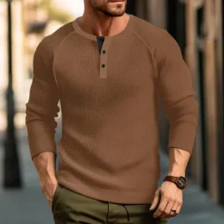 Sale OUKU Men's Waffle Tee Button T Shirt T Shirt Henley Shirt Long Sleeve Henley Spring & Fall Plain Raglan Sleeve Fashion Designer Basic Vacation Street Going out Black White Wine Top Tee for Men