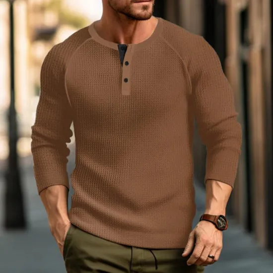 Sale OUKU Men's Waffle Tee Button T Shirt T Shirt Henley Shirt Long Sleeve Henley Spring & Fall Plain Raglan Sleeve Fashion Designer Basic Vacation Street Going out Black White Wine Top Tee for Men