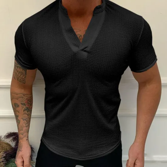 Hot OUKU Men's Waffle Tee T Shirt Waffle Knit Tee Short Sleeve V Neck Summer Plain Sports Fashion Lightweight Vacation Casual Holiday Black White Pink Top Tee for Men