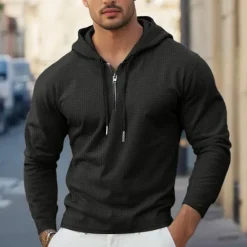 OUKU Men's Waffle Tee T Shirt Zip Up Hoodies Long Sleeve Hoodie Spring Fall Spring & Fall Solid Color Knitwear Daily Color-Blocking Outdoor Causal Casual Black White Light Gray Top Tee for Men