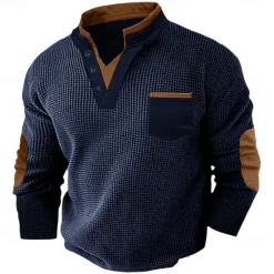 New OUKU Men's Waffle Tee Waffle Henley Shirt Long Sleeve V Neck Spring & Fall Solid Color Fashion Basic Fake two piece Street Casual Sports Black Navy Blue Light Grey Top Tee for Men