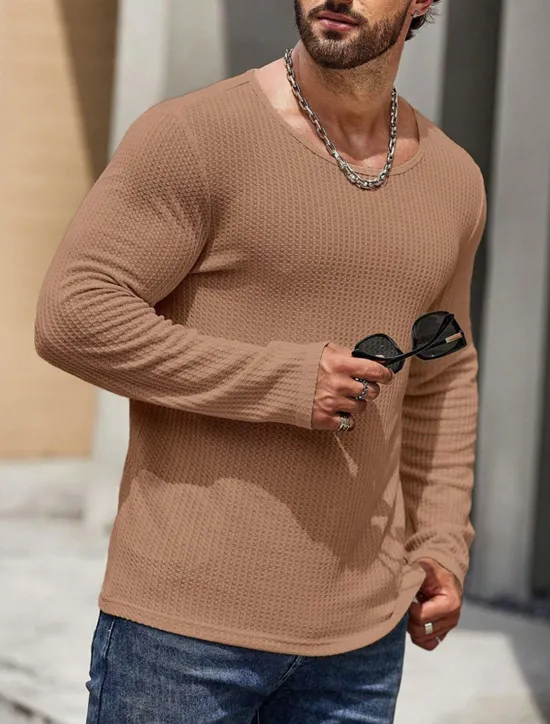 Clearance OUKU Men's Waffle Tee Waffle Shirt T Shirt Tee Top Long Sleeve Crew Neck Spring & Fall Plain Fashion Designer Basic Vacation Street Going out Black White Brown Top Tee for Men