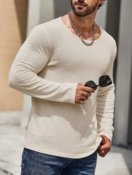Clearance OUKU Men's Waffle Tee Waffle Shirt T Shirt Tee Top Long Sleeve Crew Neck Spring & Fall Plain Fashion Designer Basic Vacation Street Going out Black White Brown Top Tee for Men