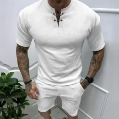 Sale OUKU Men's Waffle Tee Waffle Shirt T Shirt T-shirt Suits Short Sleeve Crew Neck Spring & Summer Plain Fashion Designer Basic 2 Piece Vacation Street Going out Black White Royal Blue Top Tee for Men