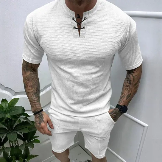 Sale OUKU Men's Waffle Tee Waffle Shirt T Shirt T-shirt Suits Short Sleeve Crew Neck Spring & Summer Plain Fashion Designer Basic 2 Piece Vacation Street Going out Black White Royal Blue Top Tee for Men