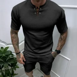 Sale OUKU Men's Waffle Tee Waffle Shirt T Shirt T-shirt Suits Short Sleeve Crew Neck Spring & Summer Plain Fashion Designer Basic 2 Piece Vacation Street Going out Black White Royal Blue Top Tee for Men