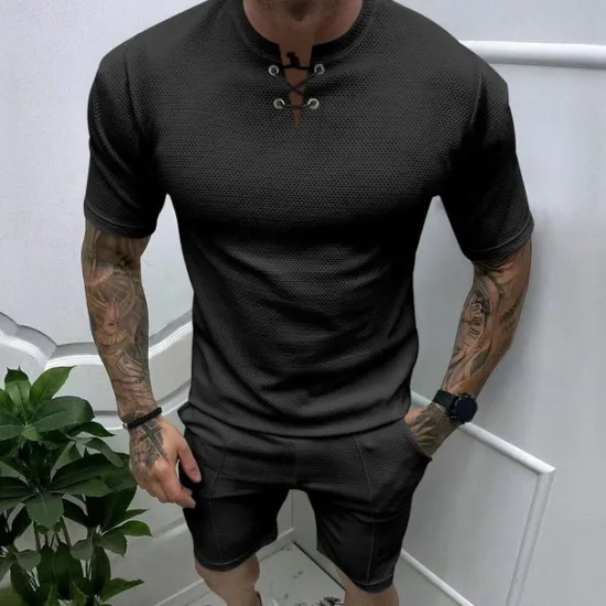 Sale OUKU Men's Waffle Tee Waffle Shirt T Shirt T-shirt Suits Short Sleeve Crew Neck Spring & Summer Plain Fashion Designer Basic 2 Piece Vacation Street Going out Black White Royal Blue Top Tee for Men