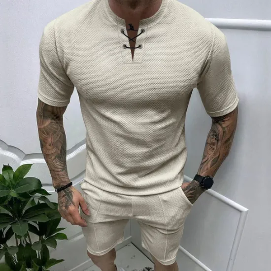 Sale OUKU Men's Waffle Tee Waffle Shirt T Shirt T-shirt Suits Short Sleeve Crew Neck Spring & Summer Plain Fashion Designer Basic 2 Piece Vacation Street Going out Black White Royal Blue Top Tee for Men