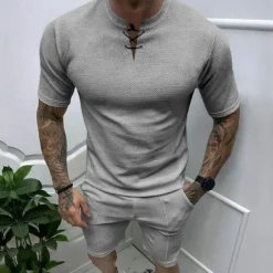 Sale OUKU Men's Waffle Tee Waffle Shirt T Shirt T-shirt Suits Short Sleeve Crew Neck Spring & Summer Plain Fashion Designer Basic 2 Piece Vacation Street Going out Black White Royal Blue Top Tee for Men