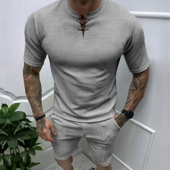 Sale OUKU Men's Waffle Tee Waffle Shirt T Shirt T-shirt Suits Short Sleeve Crew Neck Spring & Summer Plain Fashion Designer Basic 2 Piece Vacation Street Going out Black White Royal Blue Top Tee for Men