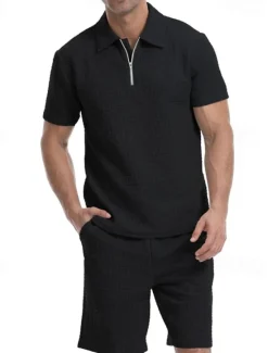 Online OUKU Men's Waffle Tracksuit Polo Shirt & Shorts Set Outfit Set Polo Collar Quarter Zip Outdoor Daily Sports Pocket Drawstring 2 Piece Plain Black White Khaki Polyester Activewear Classic Casual Summer