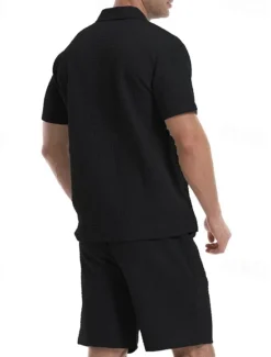 Online OUKU Men's Waffle Tracksuit Polo Shirt & Shorts Set Outfit Set Polo Collar Quarter Zip Outdoor Daily Sports Pocket Drawstring 2 Piece Plain Black White Khaki Polyester Activewear Classic Casual Summer