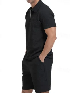 Online OUKU Men's Waffle Tracksuit Polo Shirt & Shorts Set Outfit Set Polo Collar Quarter Zip Outdoor Daily Sports Pocket Drawstring 2 Piece Plain Black White Khaki Polyester Activewear Classic Casual Summer