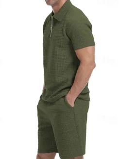 Online OUKU Men's Waffle Tracksuit Polo Shirt & Shorts Set Outfit Set Polo Collar Quarter Zip Outdoor Daily Sports Pocket Drawstring 2 Piece Plain Black White Khaki Polyester Activewear Classic Casual Summer
