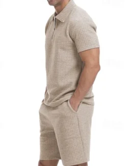 Online OUKU Men's Waffle Tracksuit Polo Shirt & Shorts Set Outfit Set Polo Collar Quarter Zip Outdoor Daily Sports Pocket Drawstring 2 Piece Plain Black White Khaki Polyester Activewear Classic Casual Summer