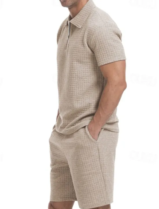 Online OUKU Men's Waffle Tracksuit Polo Shirt & Shorts Set Outfit Set Polo Collar Quarter Zip Outdoor Daily Sports Pocket Drawstring 2 Piece Plain Black White Khaki Polyester Activewear Classic Casual Summer