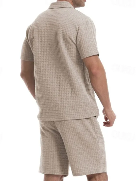 Online OUKU Men's Waffle Tracksuit Polo Shirt & Shorts Set Outfit Set Polo Collar Quarter Zip Outdoor Daily Sports Pocket Drawstring 2 Piece Plain Black White Khaki Polyester Activewear Classic Casual Summer